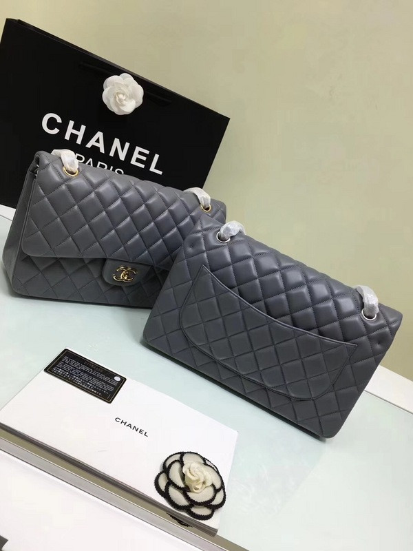 CL 1112 Grey Large Size 30cm Lambskin Leather Flap Bag With Gold/Silver Hardware