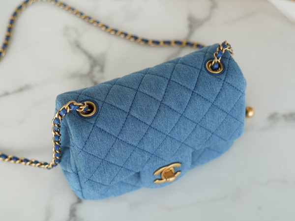 CL Denim Quilted Mini Pearl Crush Flap Blue