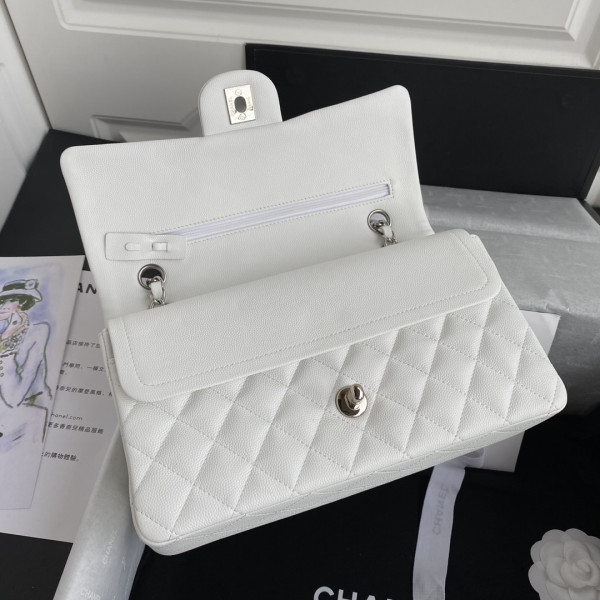 CL A01112 White Large 25.5 Calfskin Leather Flap Bag