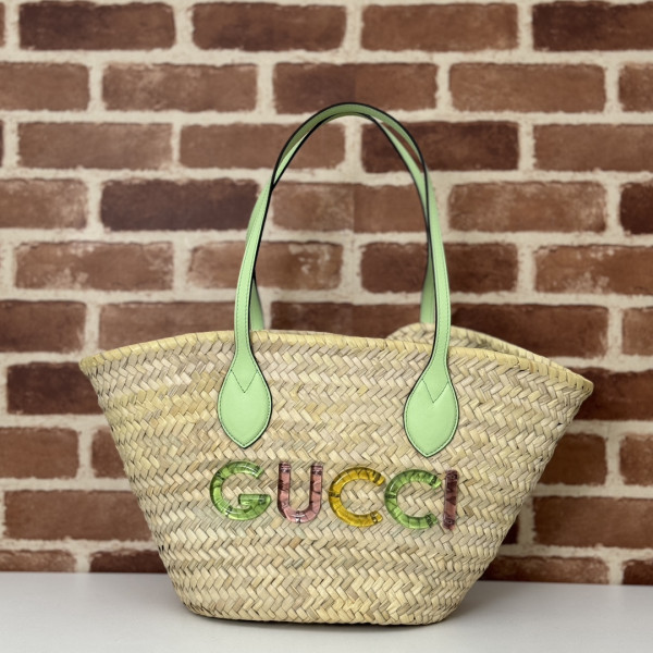 G*u*i small straw tote with G*u*i logo